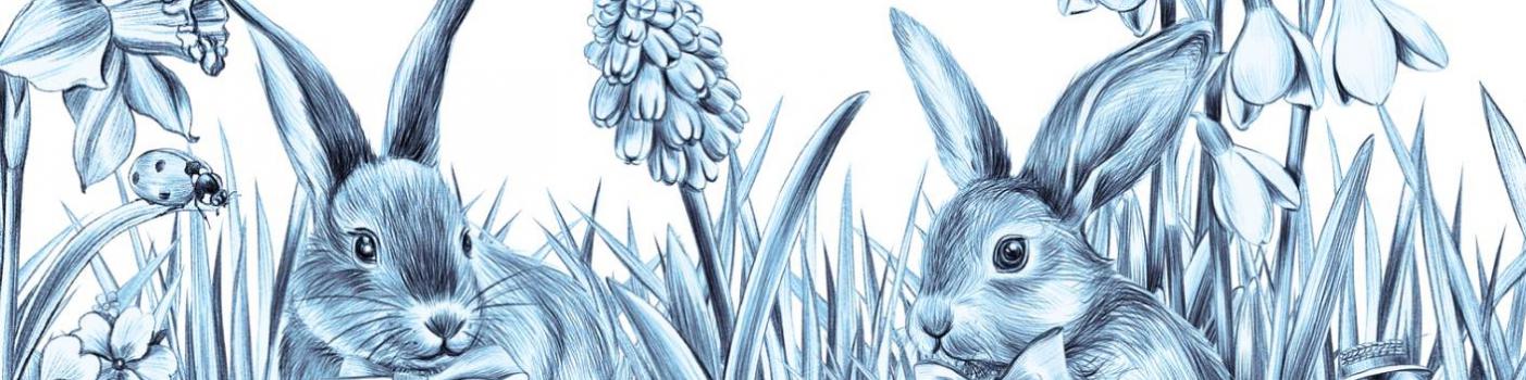 monochromatyczna grafika przedstawiająca dwa zające, kurczątko oraz wiosenne kwiaty