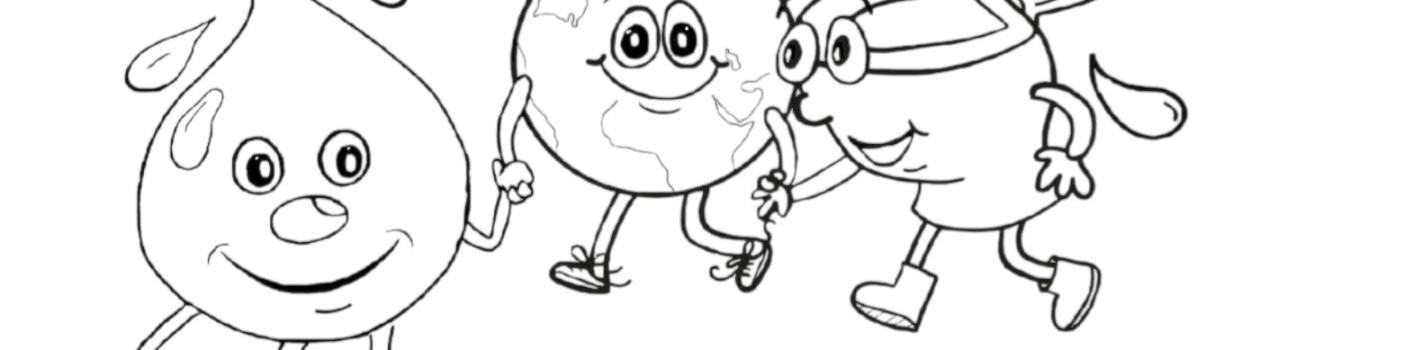 Uśmiechnięte postaci rysunkowe, czyli Kropla wody, kula ziemska i sedes uśmiechają się, idąc i trzymając się za ręce na białym tle. 