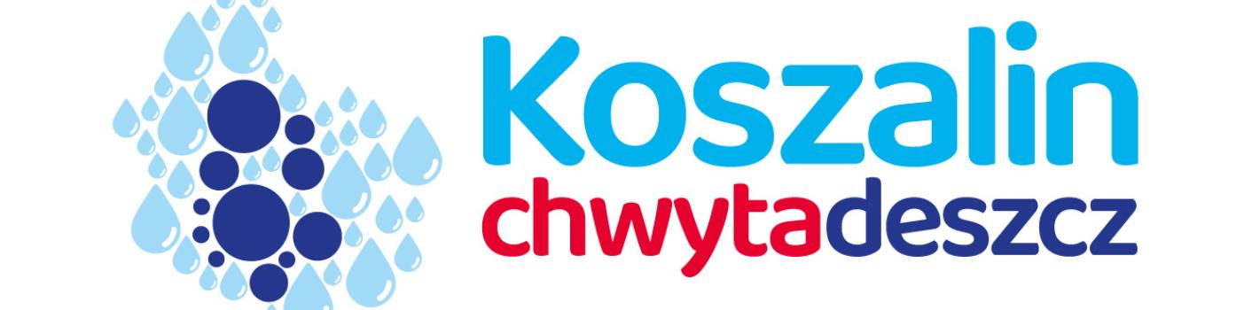 z lewej grafika z kropelkami wody, z prawej napis: koszalin chwyta deszcz