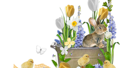Grafika przedstawia zajączka wspinającego się na krawędź metalowego wiaderka, w którym też rosną wiosenne kwiaty. U podstawy wiaderka trzy żółte kurczęta, skorupki pustych jaj, fioletowe i białe wiosenne kwiaty.