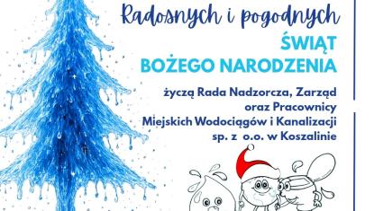Na białym tle duża niebieska, ociekająca kropelkami wody, choinka. Obok niej życzenia świąteczne, ponad nimi logo firmy. Pod życzeniami rysunek uśmiechniętych postaci - kropelka wody, planeta ziemia i sedesik idą w stronę choinki, trzymając się za ręce. 