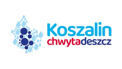 z lewej grafika z kropelkami wody, z prawej napis: koszalin chwyta deszcz