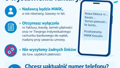 Plakat informujący o nowości w rozliczeniach z klientami od 1.10.26 - usługa sms. Napisy na błękitnym i czerwonym tle. Z prawej ikonka ekranu smartfona z przykładową treścią smsa od MWiK.