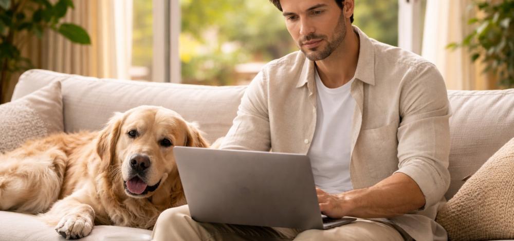 AI - Mężczyzna w średnim wieku siedzi na kanapie w jasnym salonie i pracuje przy laptopie, obok niego leży jasny duży pies.