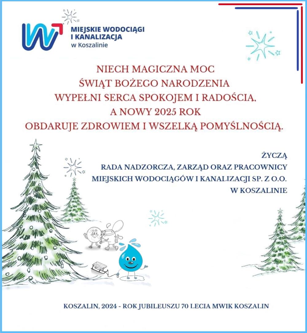 Życzenia świąteczne, logo firmy oraz kolorowe, choinki, kropelka wody ciągnie sanki, w tle mały sedes idzie trzymając za rękę kulę ziemską, błyszczą gwiazdki