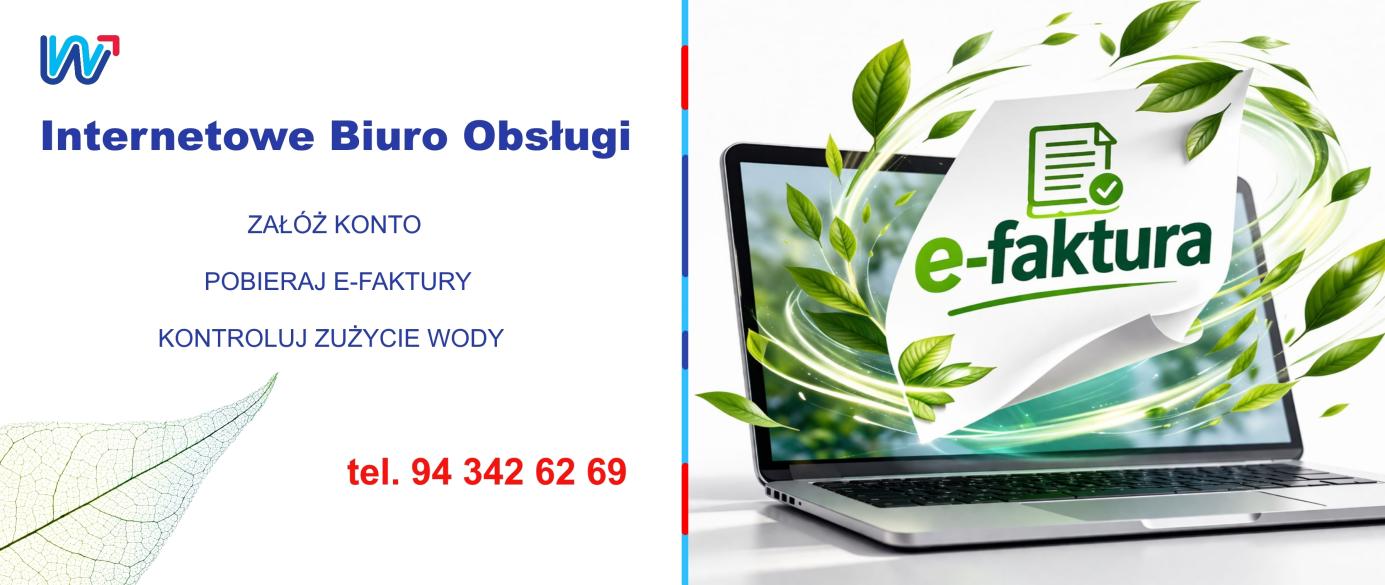Laptop z otwartym ekranem, otoczony zielonymi listkami, na monitorze napis e-faktura