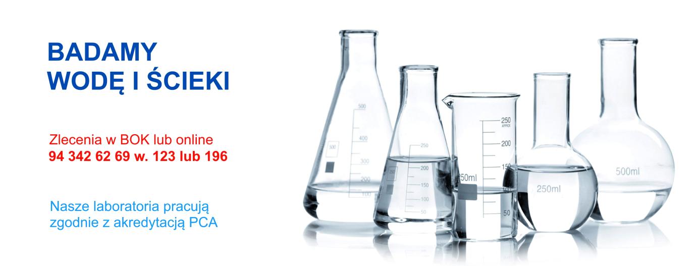 Z prawej strony zbliżenie na przezroczyste szkło laboratoryjne, z lewej tekst zachęcający do zlecanie badań wody i ścieków w laboratoriach MWiK, akredytowanych przez PCA