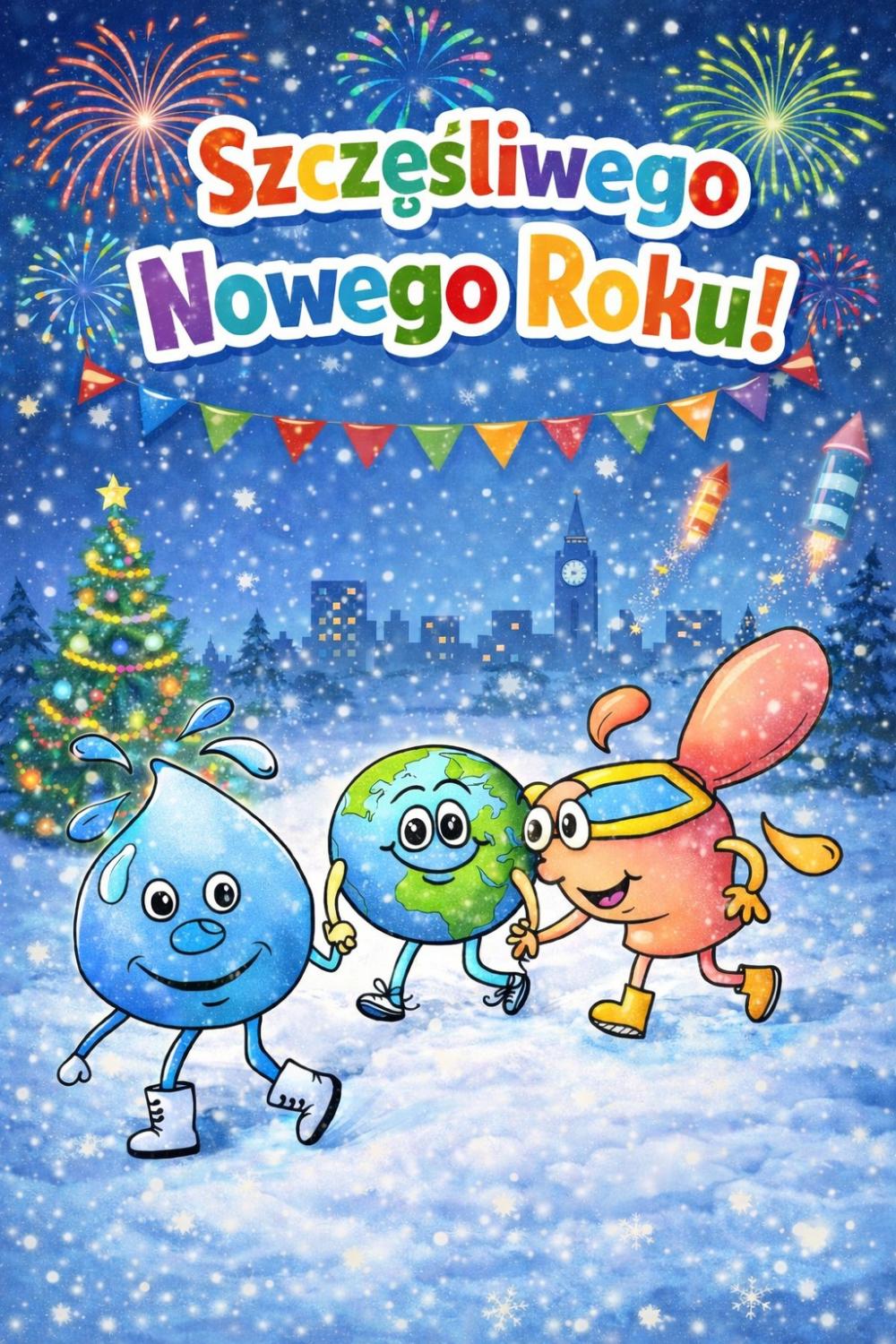 Życzenia Szczęśliwego Nowego Roku, Na tle zimowego miasta i rozbłysków petard idą po śniegu postaci Kropelka, Ziemia i Toaleta, trzymają się za ręce i uśmiechają się
