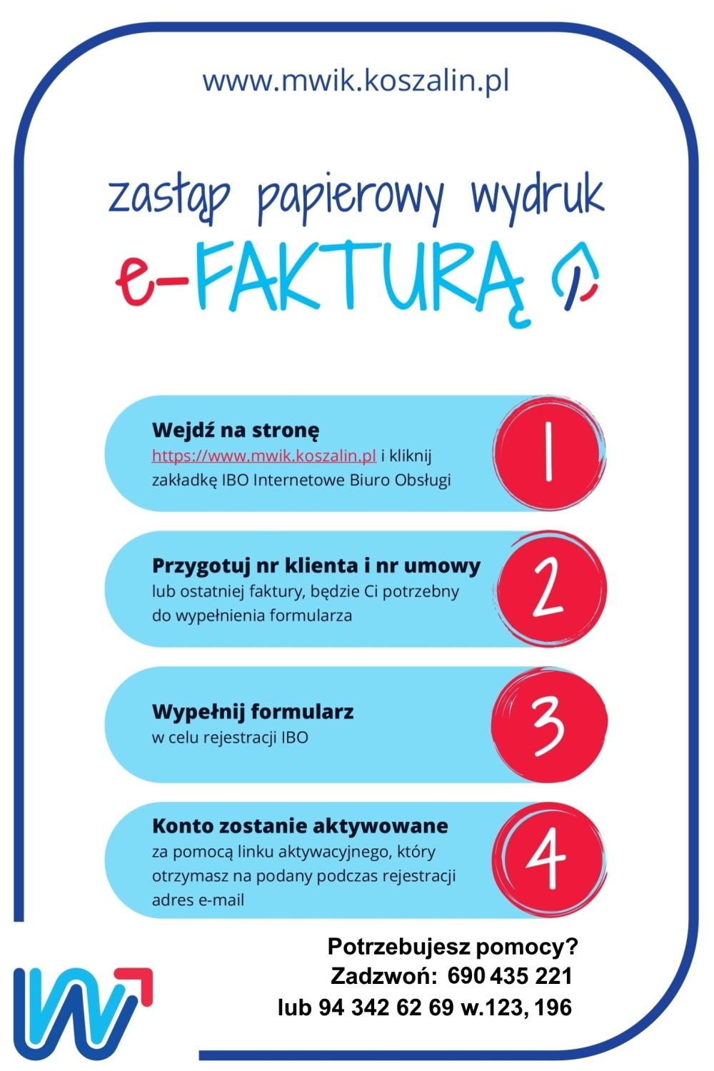 Plakat zachęcający do założenia konta w Internetowym Biurze Obsługi i pobierania elektronicznych faktur zamiast oczekiwania na papierowe wydruki z MWiK.
