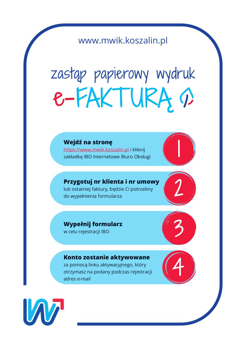Plakat zachęcający do założenia konta w Internetowym Biurze Obsługi i pobierania elektronicznych faktur zamiast oczekiwania na papierowe wydruki z MWiK.